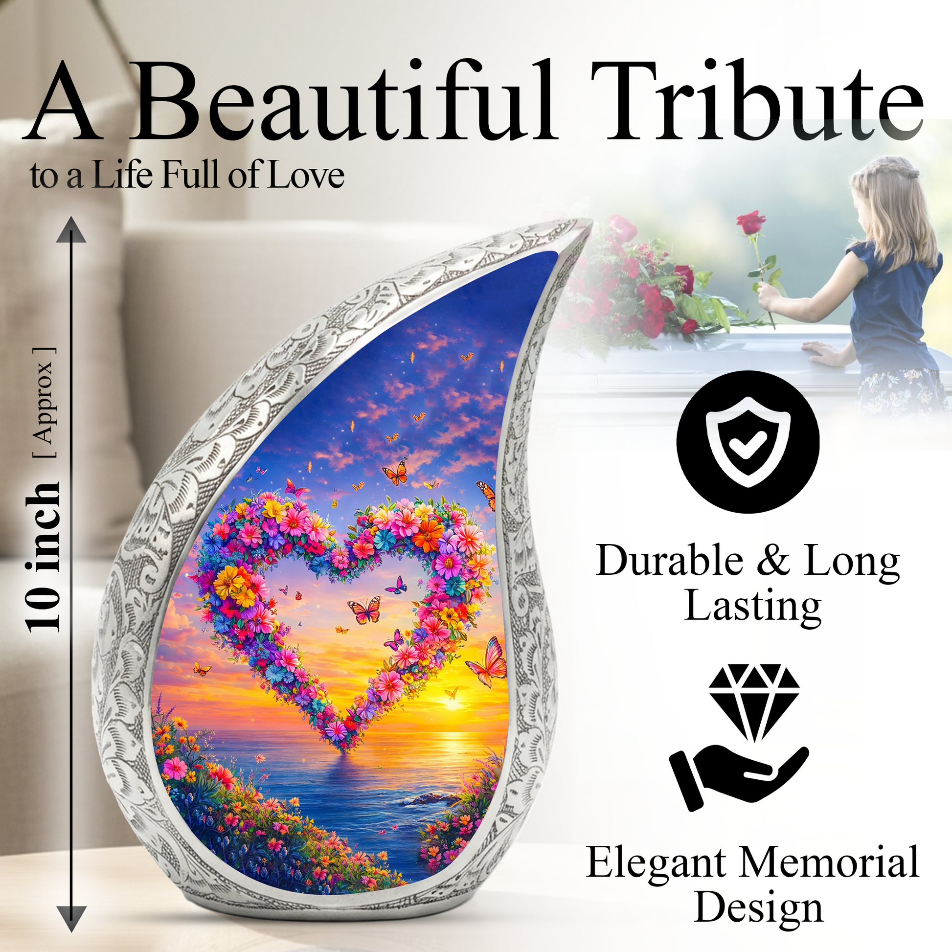 Ocean Heart Butterfly Adult Urn for Human Ashes – Premium Ocean Heart Cremation Urn