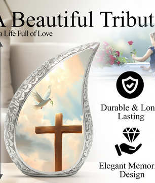 Christian Cross Personalized Cremation Urn – Teardrop Memorial Urn for Ashes | 10 Inch Aluminum Adult Urn