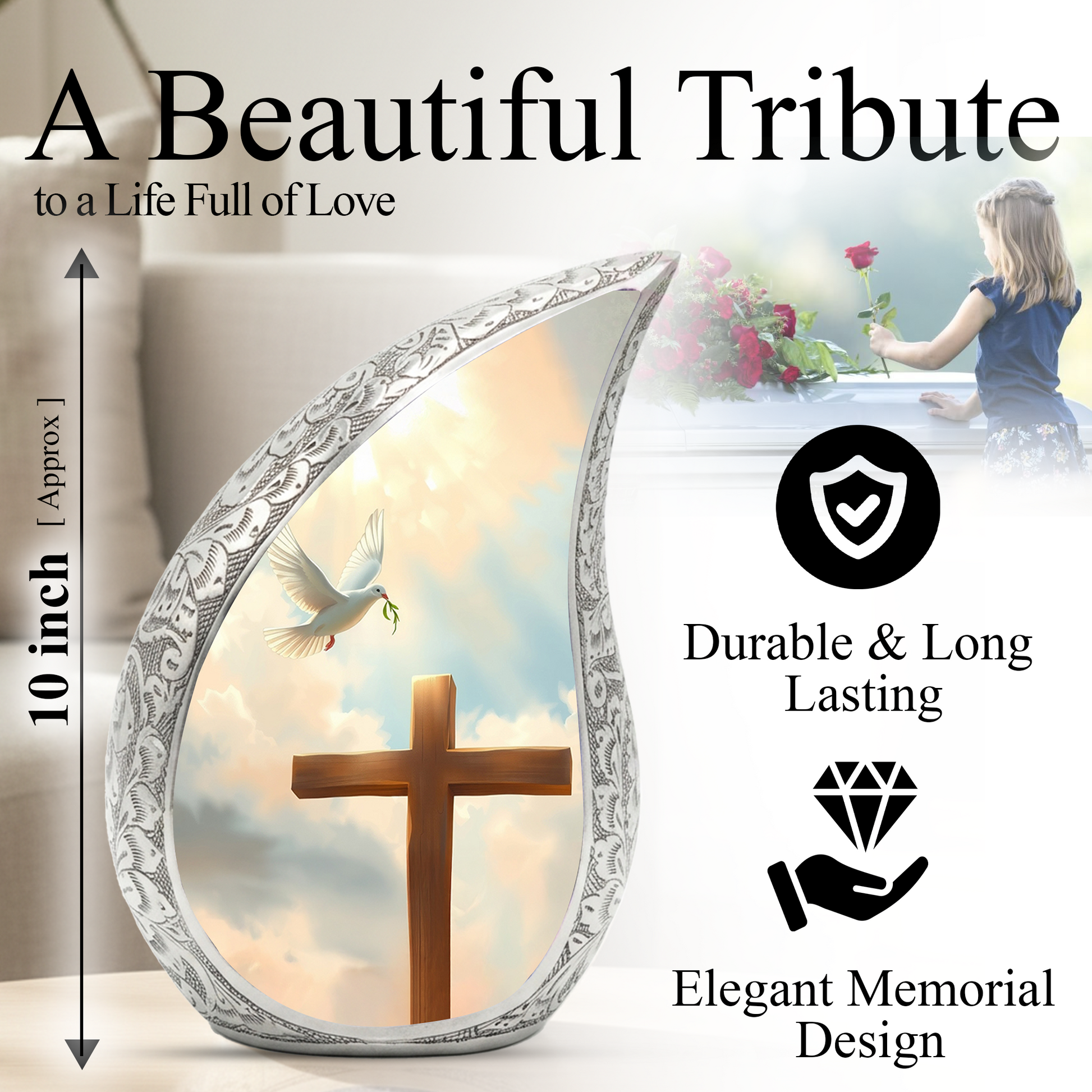 Christian Cross Personalized Cremation Urn – Teardrop Memorial Urn for Ashes | 10 Inch Aluminum Adult Urn