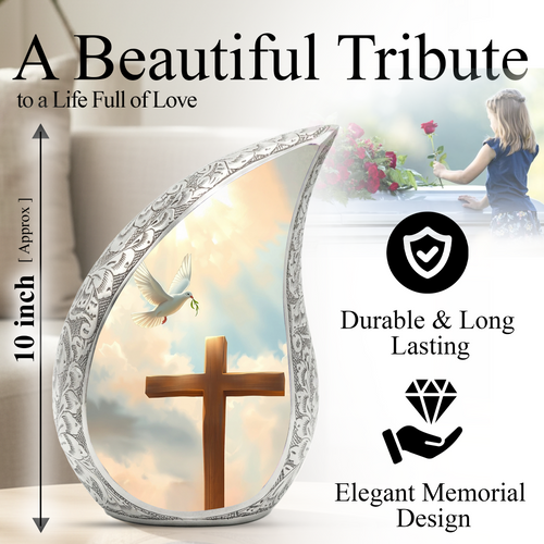 Christian Cross Personalized Cremation Urn – Teardrop Memorial Urn for Ashes | 10 Inch Aluminum Adult Urn