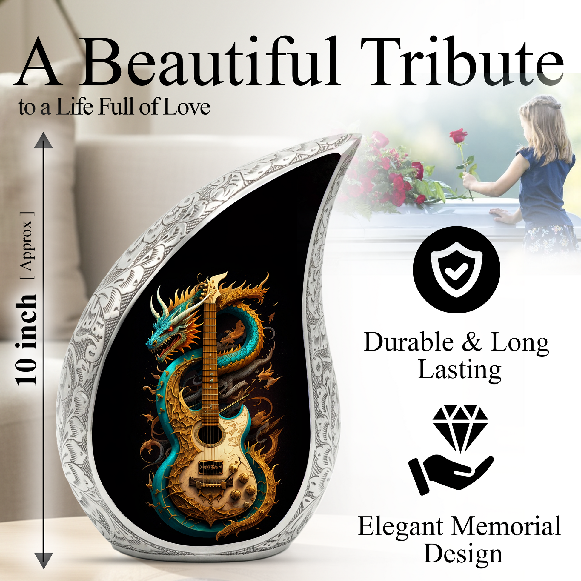 Dragon Guitar Adult Cremation Urn – Personalized Adult Urn for Ashes| Premium Cremation Urn for Human Ashes