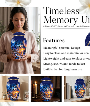 Personalized Wolf and Deer Adult Cremation Urn for Ashes, Wildlife Memorial Urn