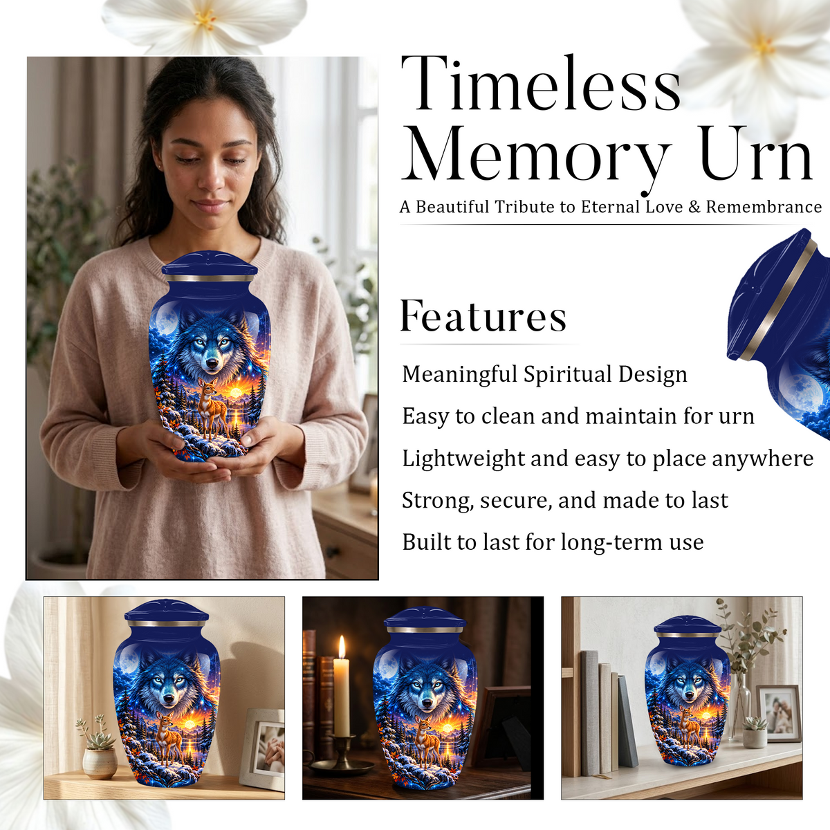 Personalized Wolf and Deer Adult Cremation Urn for Ashes, Wildlife Memorial Urn