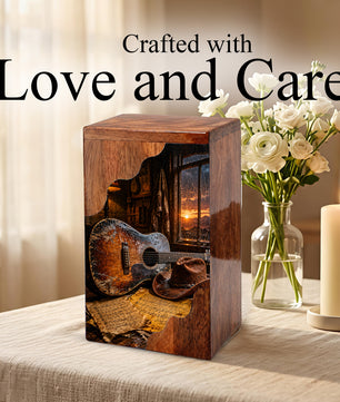 Music Wooden Cremation Urn – Guitar Memorial Urn | Rustic Wooden Urn for Human Ashes