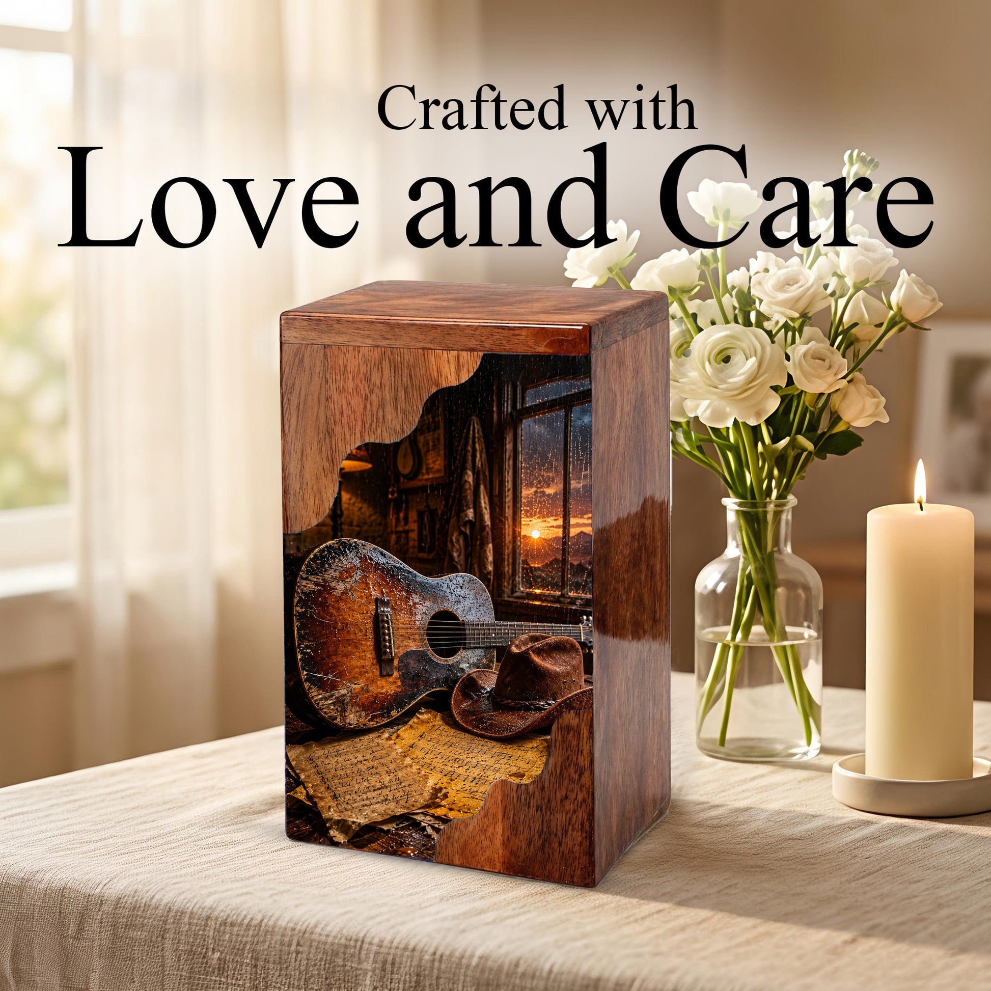 Music Wooden Cremation Urn – Guitar Memorial Urn | Rustic Wooden Urn for Human Ashes
