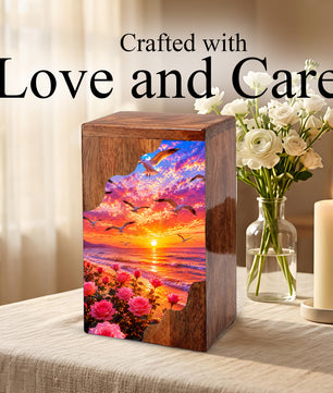 Personalized Sunset Beach Wooden Cremation Urn – Ocean Memorial Urn with Seagulls & Rose Garden