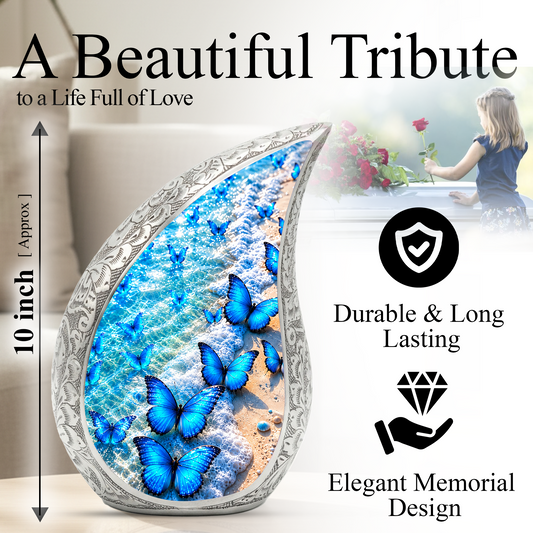 Blue Butterfly Cremation Urn for Mom - Ocean Beach Butterfly Memorial Urn
