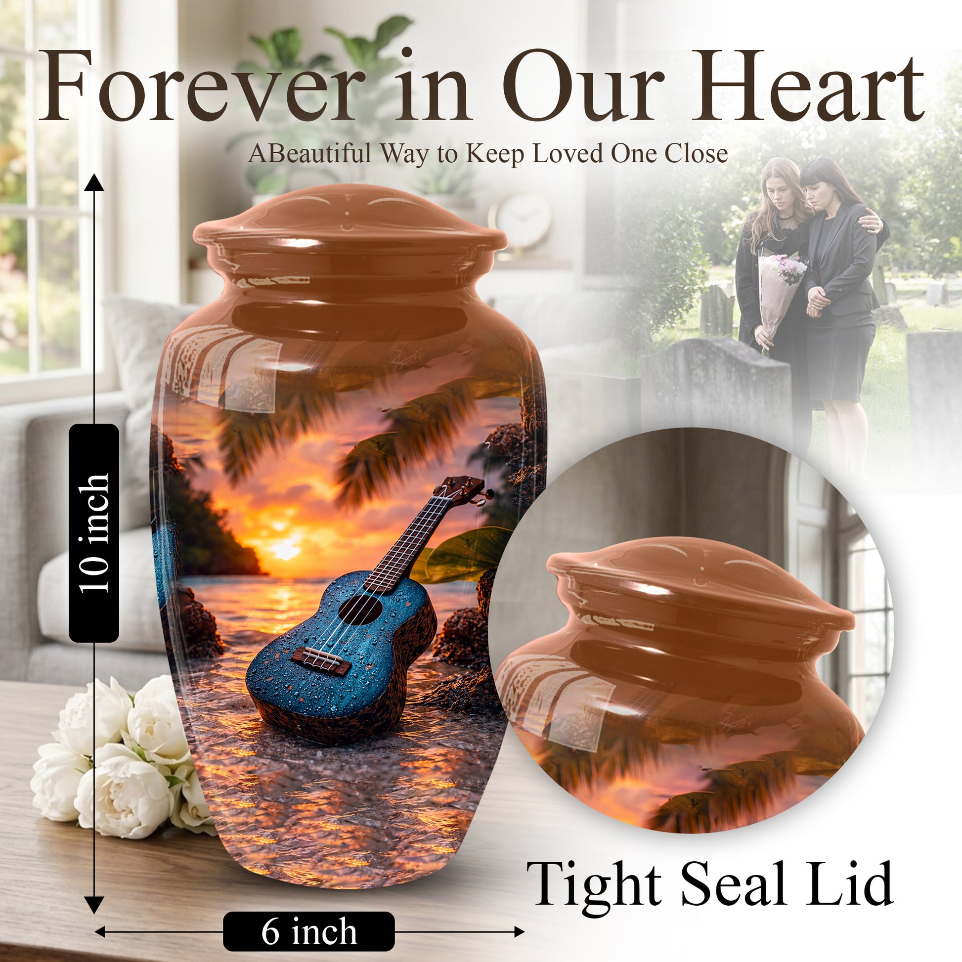 Sunset Guitar Memorial Urn for Dad & Mom, Personalized Cremation Urn