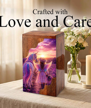 Angel Girl Wooden Cremation Urn – Fantasy Sunset Memorial Wooden Urn for Human Ashes