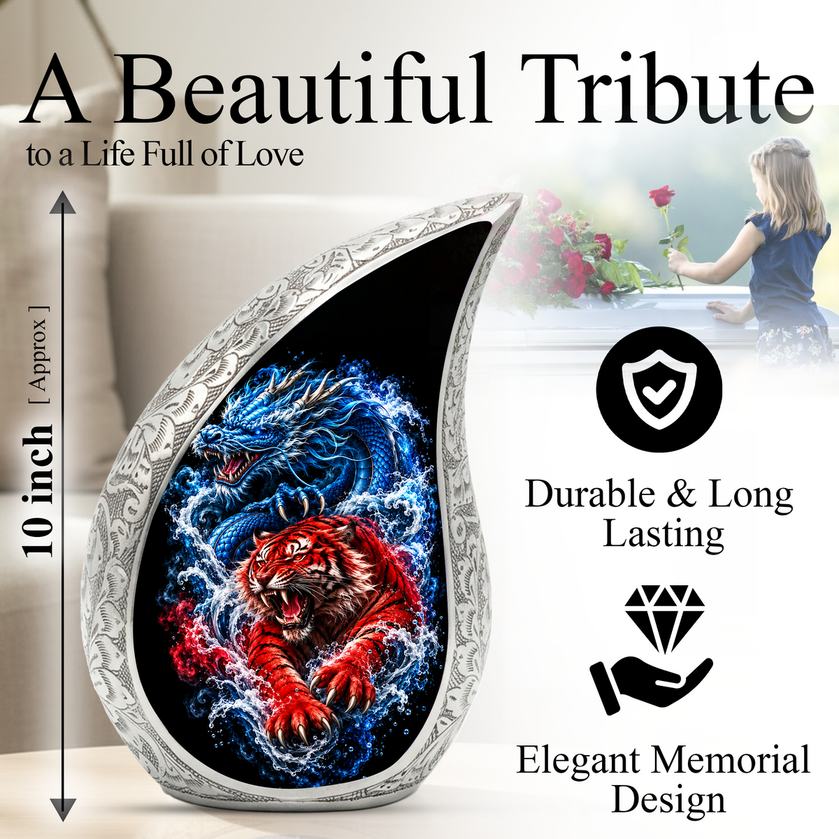 Dragon Tiger Cremation Urn for Ashes, Asian Dragon Memorial Urn, Red Tiger & Blue Dragon Urn, Personalized Adult Urn for Men