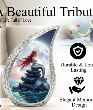 Mermaid Personalized Cremation Urn for Mom – Teardrop Style Aluminum Memorial Urn, 10 Inch