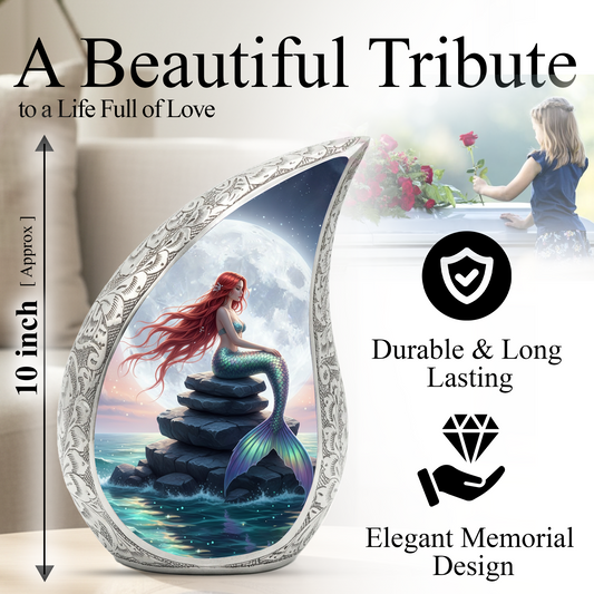 Mermaid Personalized Cremation Urn for Mom – Teardrop Style Aluminum Memorial Urn, 10 Inch