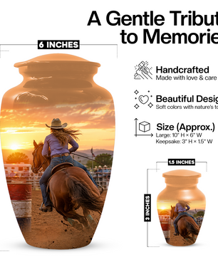 Large Cowgirl Urn for Ashes - Personalized Extra Large Barrel Racer Urns for Mom