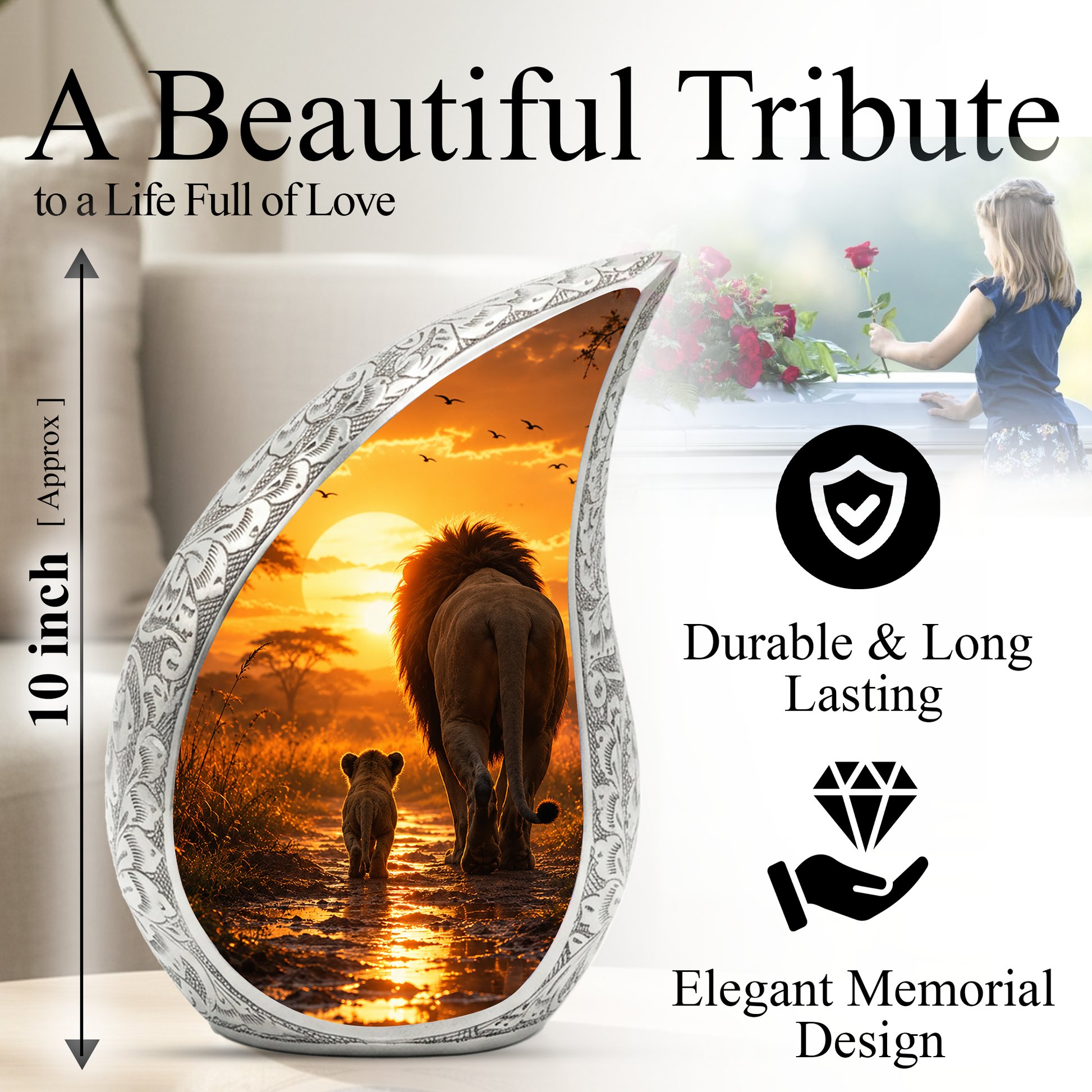 Lion Sunset Adult Urn for Ashes | Premium Adult Cremation Urn for Human Ashes Memorial