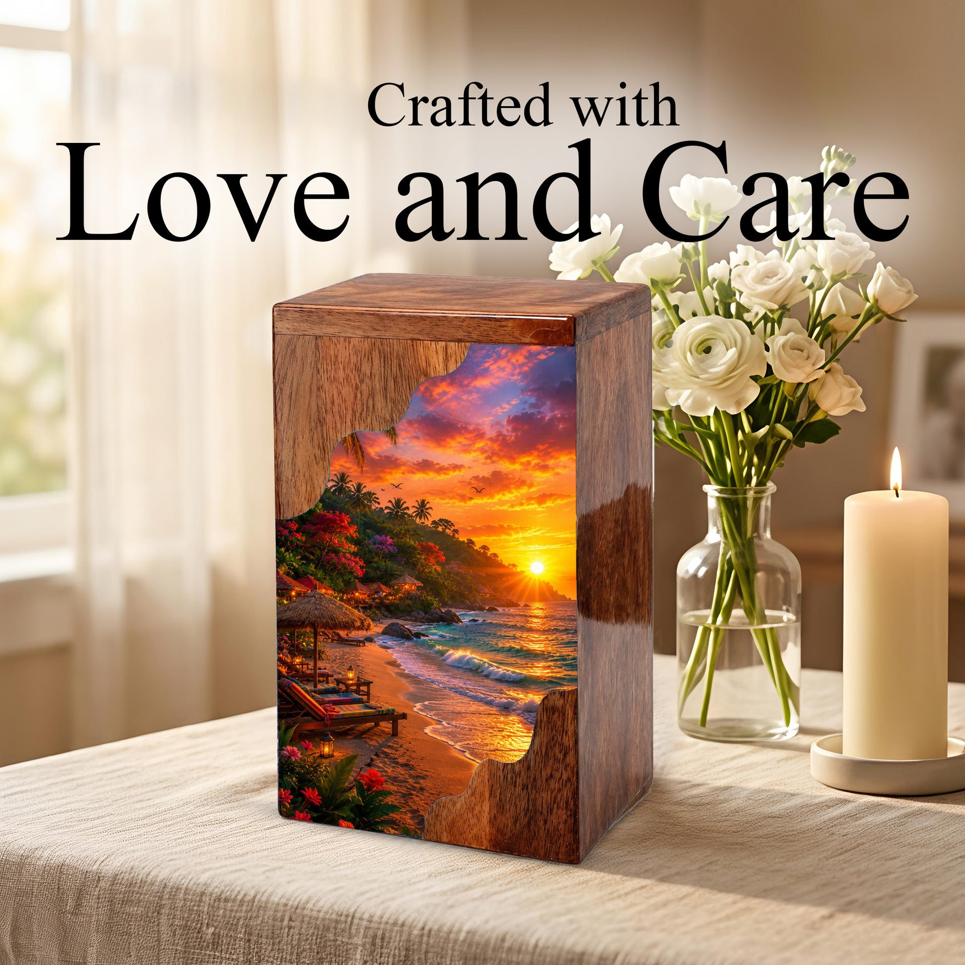 Tropical Beach Wooden Cremation Urn – Wooden Urn for Human Ashes |