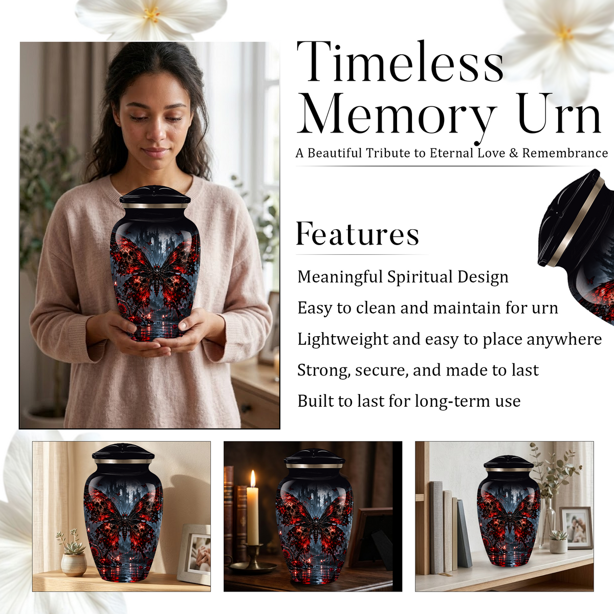 Gothic Butterfly Adult Urn for Ashes – Red & Black Skull Butterfly Cremation Urn for Adults