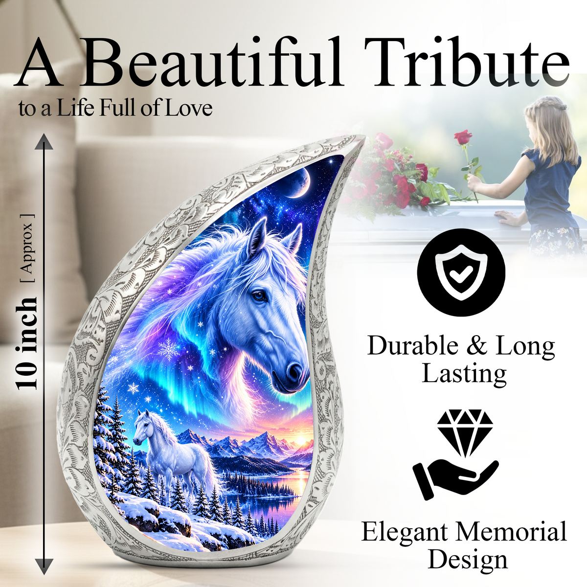 White Horse Cremation Urn for Ashes, Fantasy Horse Adult Memorial Urn