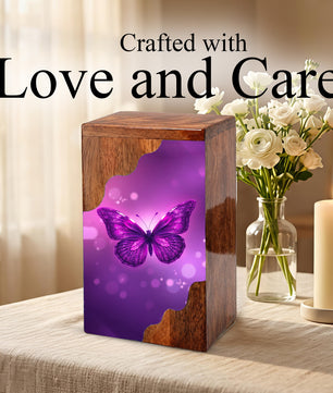 Purple Butterfly Wooden Cremation Urn – Elegant Butterfly Memorial Wooden Urn for Human Ashes