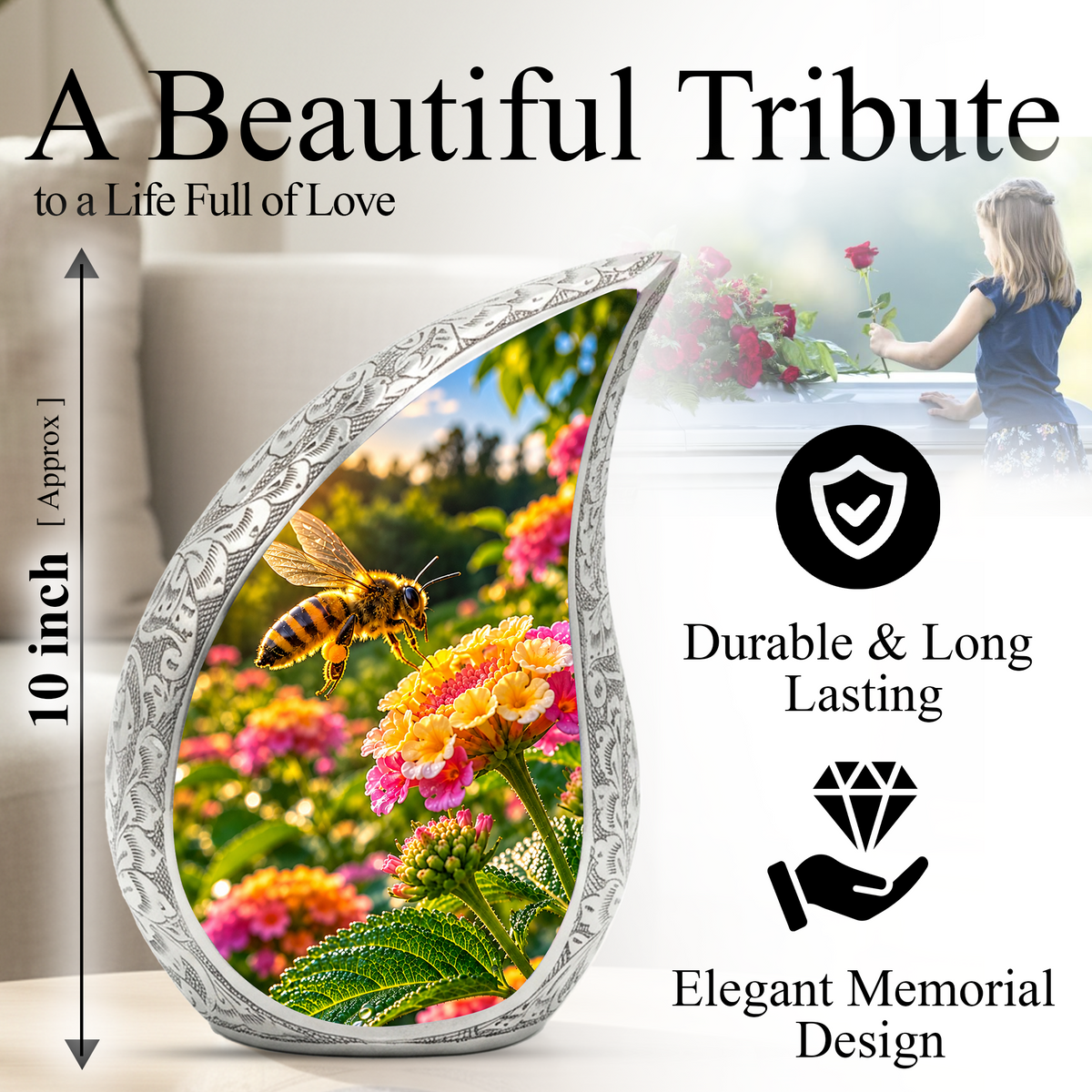 Honey Bee Cremation Urn for Adult Ashes, Bee and Flower Memorial Urn