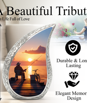 Fishing Personalized Cremation Urn for Dad – Teardrop Style Aluminum Memorial Urn, 10 Inch
