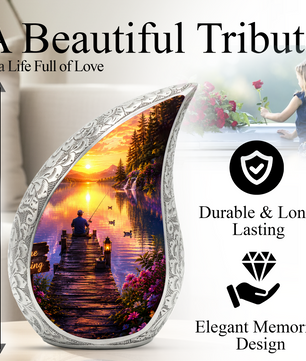 Woodland Lake Fishing Urn for Human Ashes – Nature Scene Cremation Urn with Mountain Lake, Fishing & Sunset