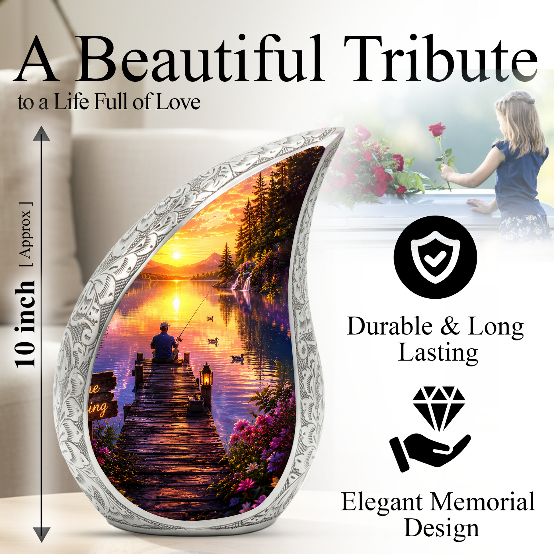 Woodland Lake Fishing Urn for Human Ashes – Nature Scene Cremation Urn with Mountain Lake, Fishing & Sunset