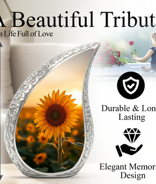 Sunflower Personalized Cremation Urn – Teardrop Style Aluminum Memorial Urn, 10 Inch