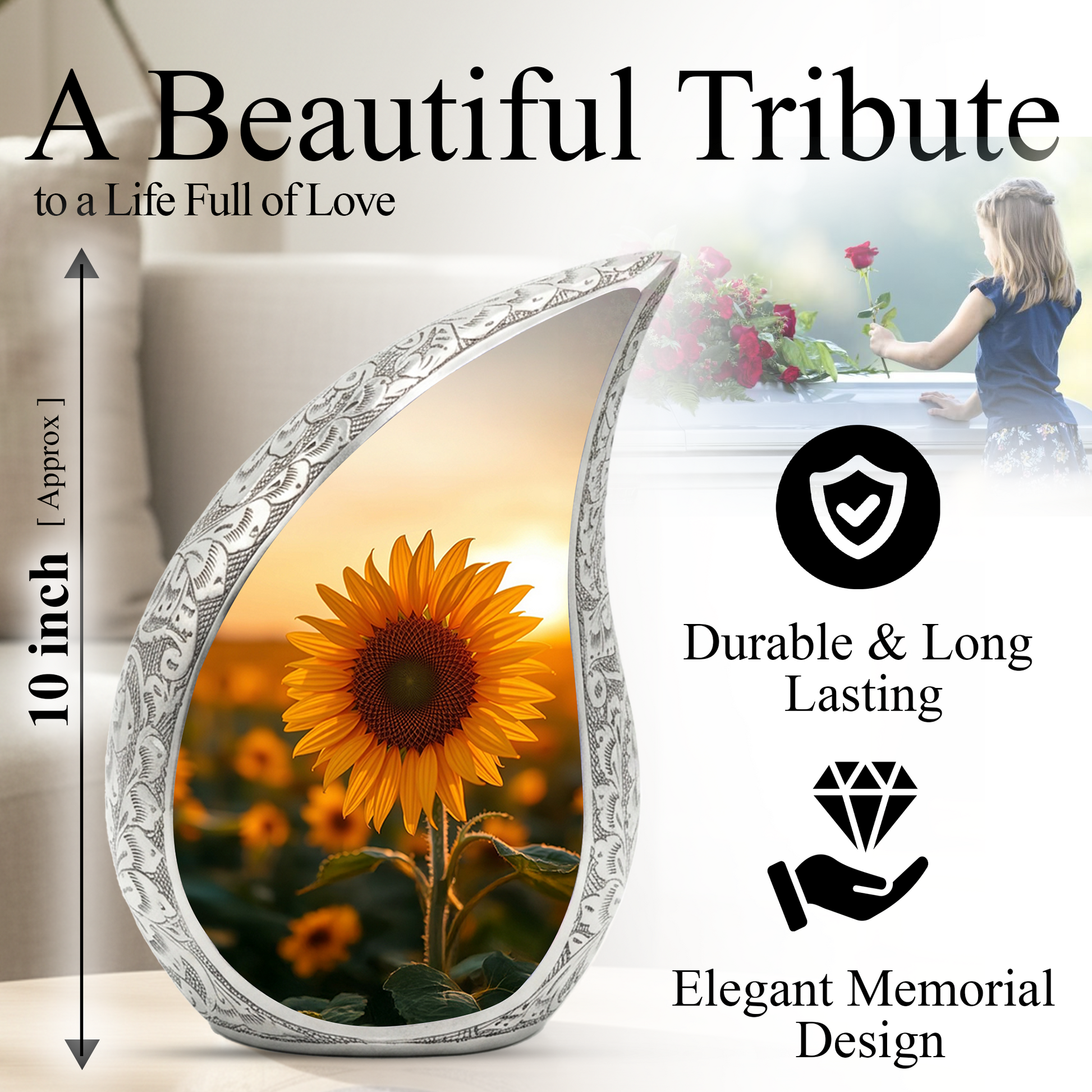 Sunflower Personalized Cremation Urn – Teardrop Style Aluminum Memorial Urn, 10 Inch