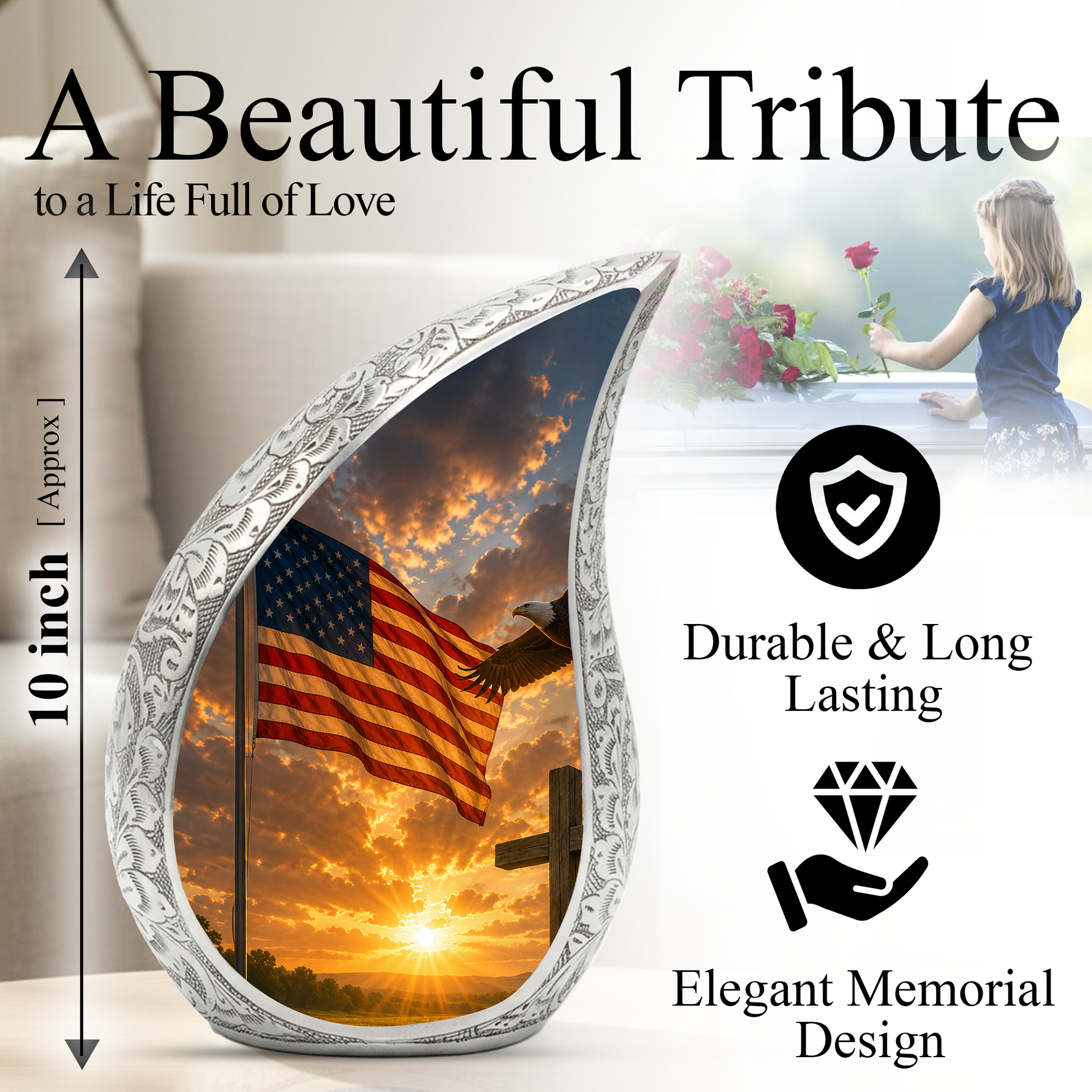 Patriotic Flag Urn for Human Ashes | American Flag Adult Cremation Urn | Memorial Urn for Adults & Ashes