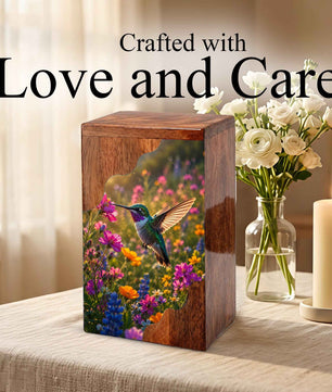 Green Hummingbird Wooden Cremation Urn – Wildflower Memorial Wooden Urn for Human Ashes