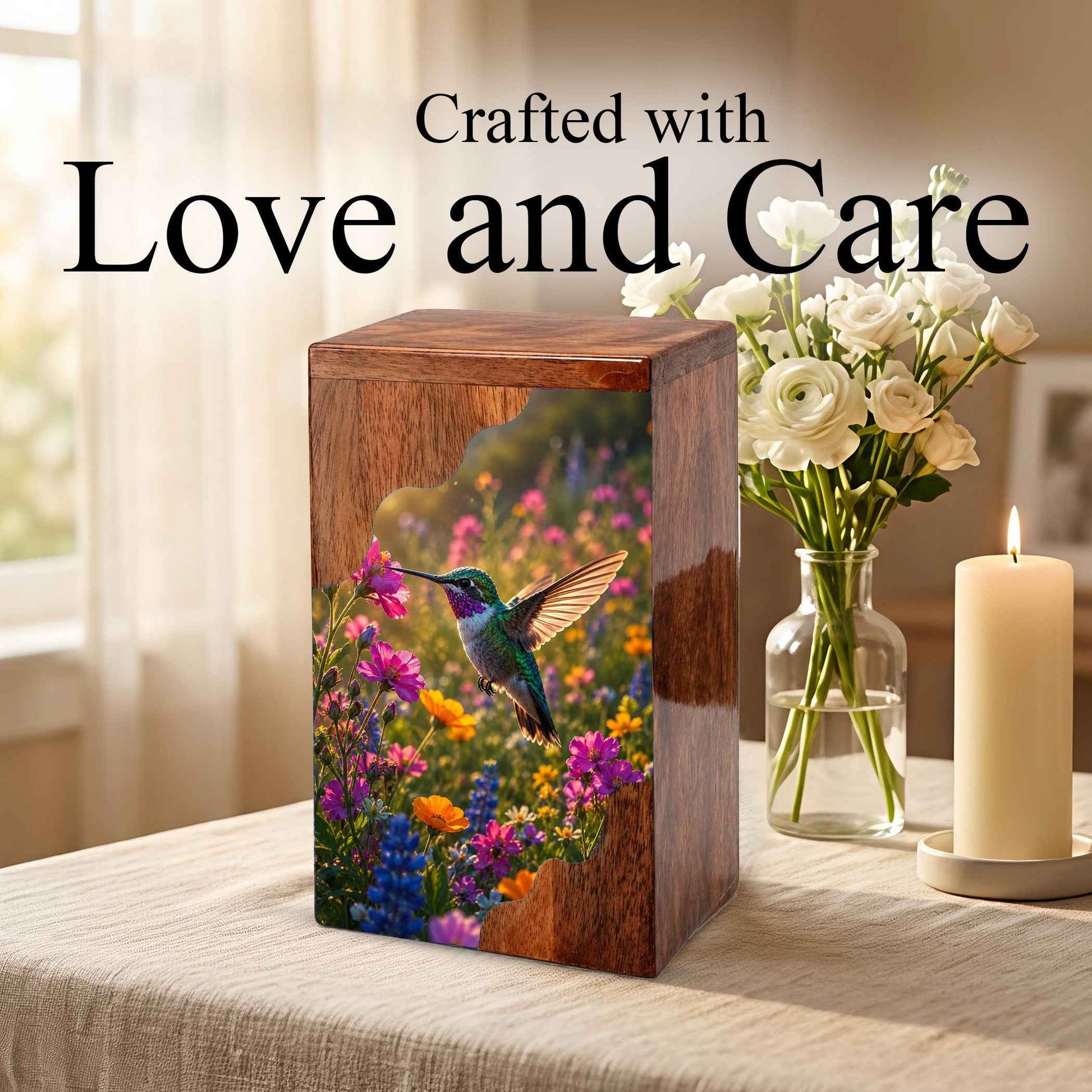 Green Hummingbird Wooden Cremation Urn – Wildflower Memorial Wooden Urn for Human Ashes