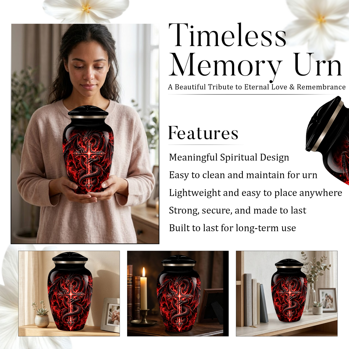 Red Dragon Cremation Urn – Dragon & Cross Adult Memorial Urn for Ashes