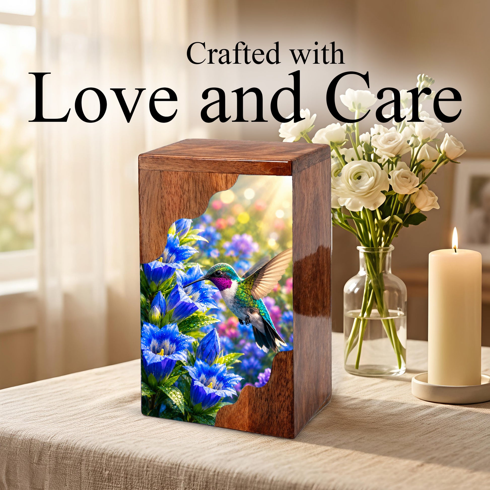 Hummingbird Wooden Cremation Urn for Mom | Personalized Urn for Human Ashes