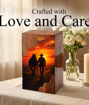 Cowboy Wooden Cremation Urn – Sunset Horse Memorial Urn for Human Ashes | Rustic Tribute Urn for Dad