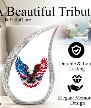 Personalized Patriotic Eagle Cremation Urn – Custom Memorial Urn for Dad, American Bald Eagle Teardrop Aluminum Adult Urn for Ashes, 10 Inch