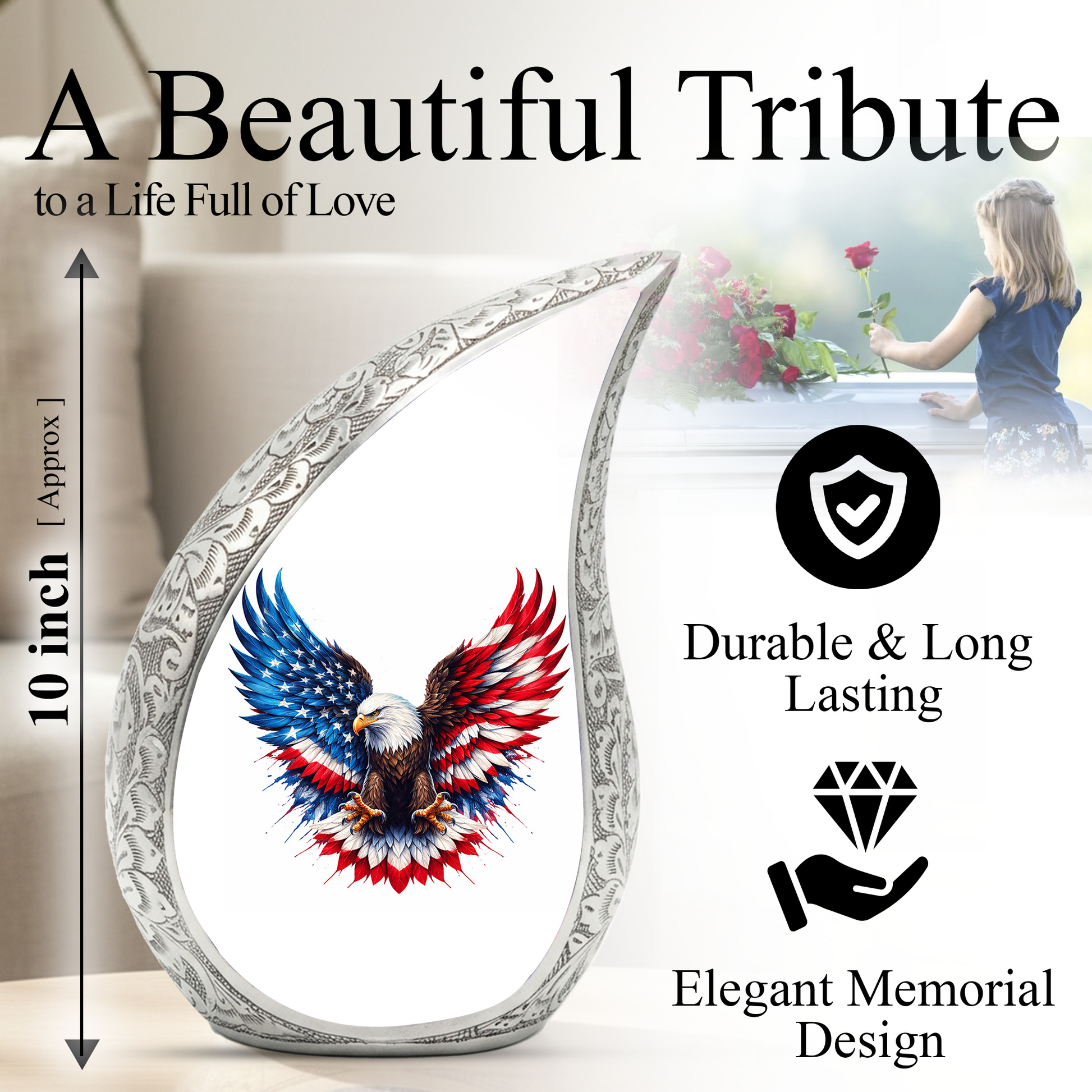 Personalized Patriotic Eagle Cremation Urn – Custom Memorial Urn for Dad, American Bald Eagle Teardrop Aluminum Adult Urn for Ashes, 10 Inch