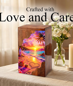 Beach Wooden Cremation Urn – Tropical Sunset Memorial Urn | Wooden Urn for Human Ashes