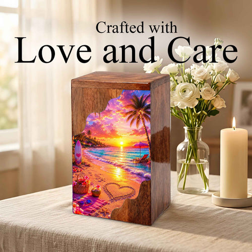 Beach Wooden Cremation Urn – Tropical Sunset Memorial Urn | Wooden Urn for Human Ashes