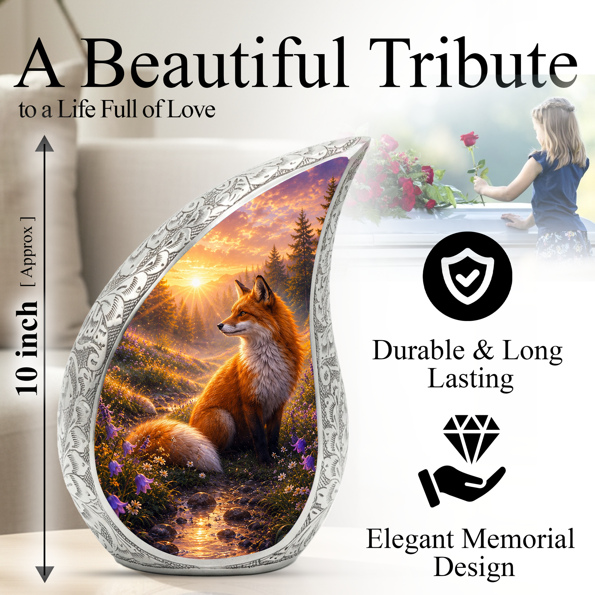 Fox Sunset Urn for Human Ashes | Wildlife Adult Cremation Urn | Fox Sunset Memorial Urn for Adult Ashes