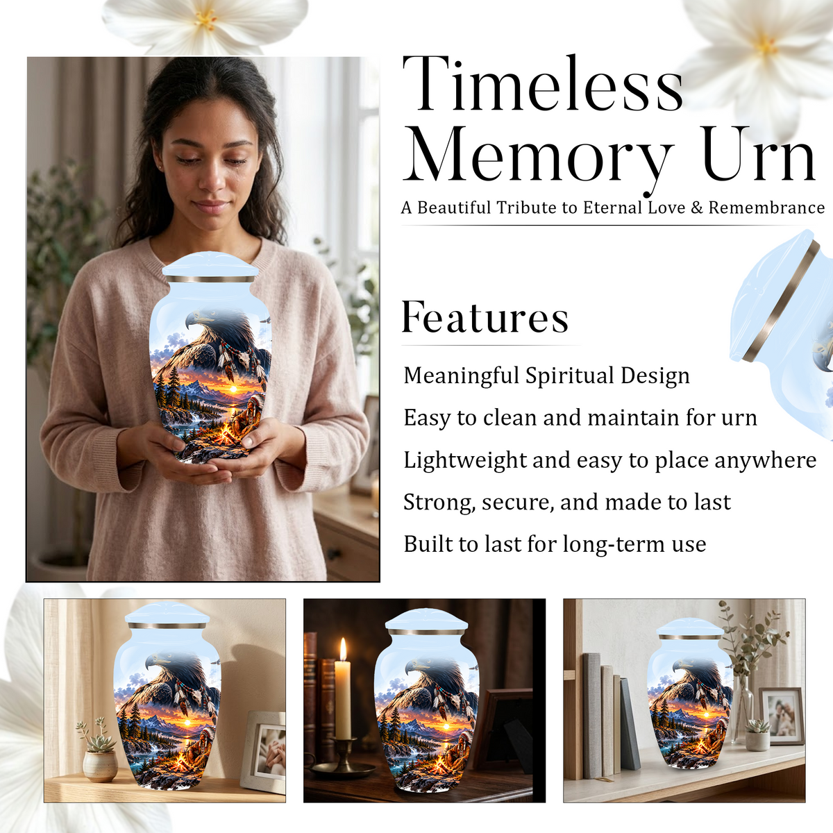 Personalized Adult Cremation Urn for Ashes, Native American Eagle Memorial Urn