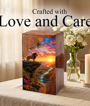 Lion Wooden Cremation Urn – Sunset Memorial Urn for Human Ashes |