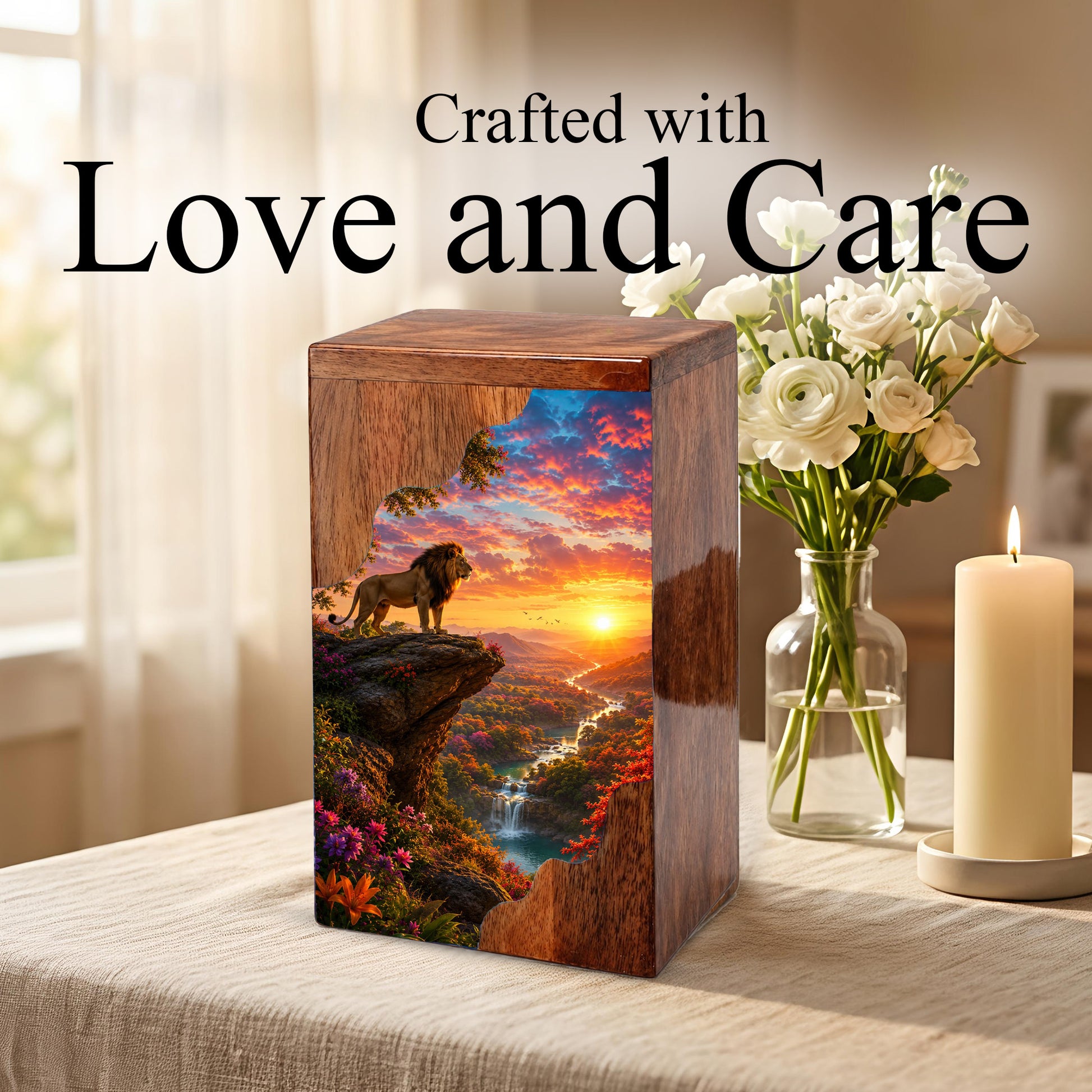 Lion Wooden Cremation Urn – Sunset Memorial Urn for Human Ashes |