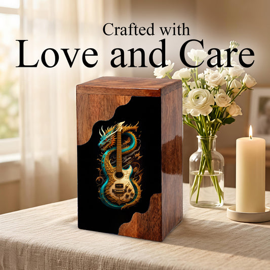 Dragon Guitar Wooden Cremation Urn – Music Memorial Urn with Mythical Dragon