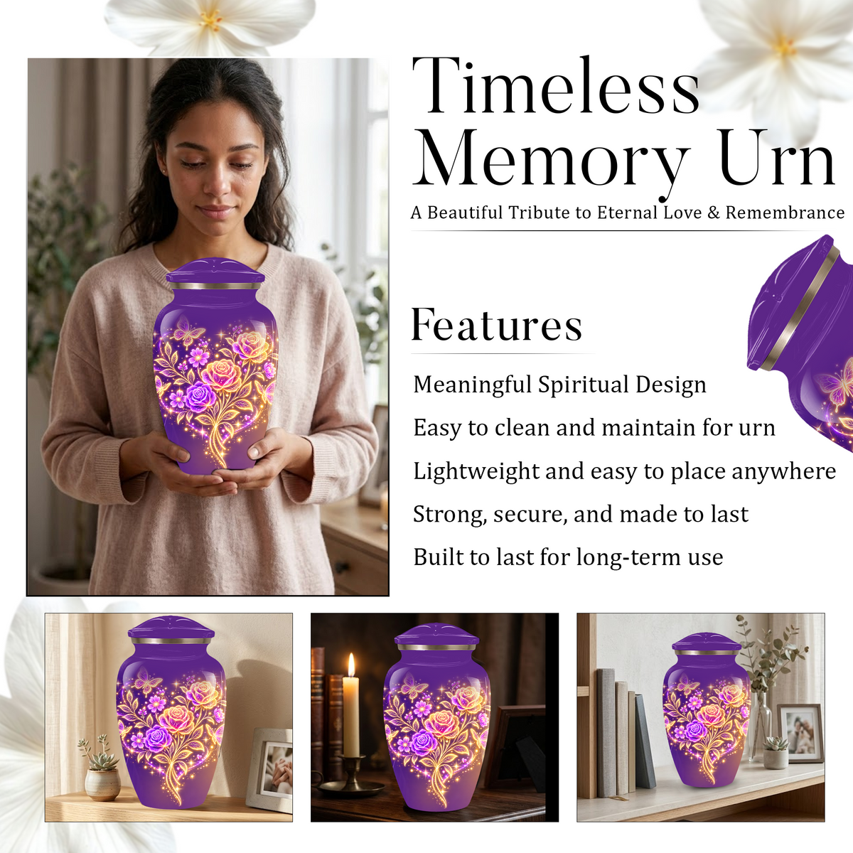 Purple Rose & Butterfly Cremation Urn for Ashes | Personalized Floral Memorial Urn | Handmade Adult Urn for Human Ashes