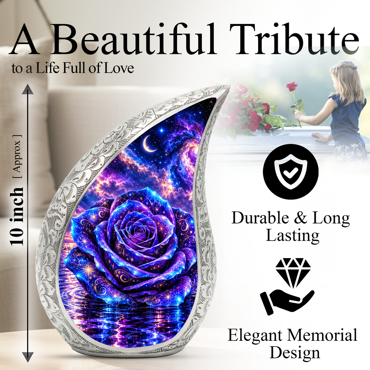 Purple Rose Cremation Urn for Adult Ashes, Celestial Floral Memorial Urn, Decorative Adult Cremation Urn with Blue Velvet Bag
