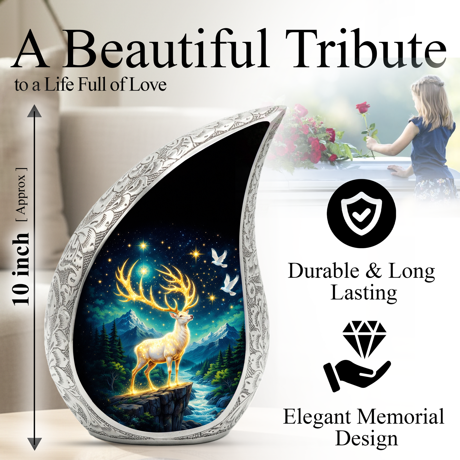 Golden Reindeer Night Landscape Cremation Urn for Adult Ashes