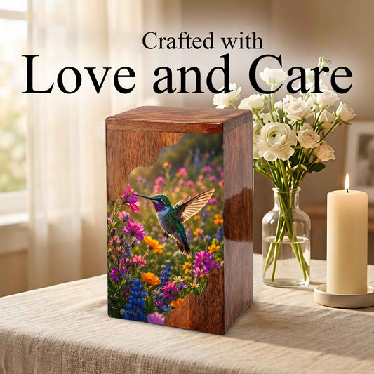 Hummingbird Wooden Cremation Urn for Mom, Wooden Urn for Human Ashes