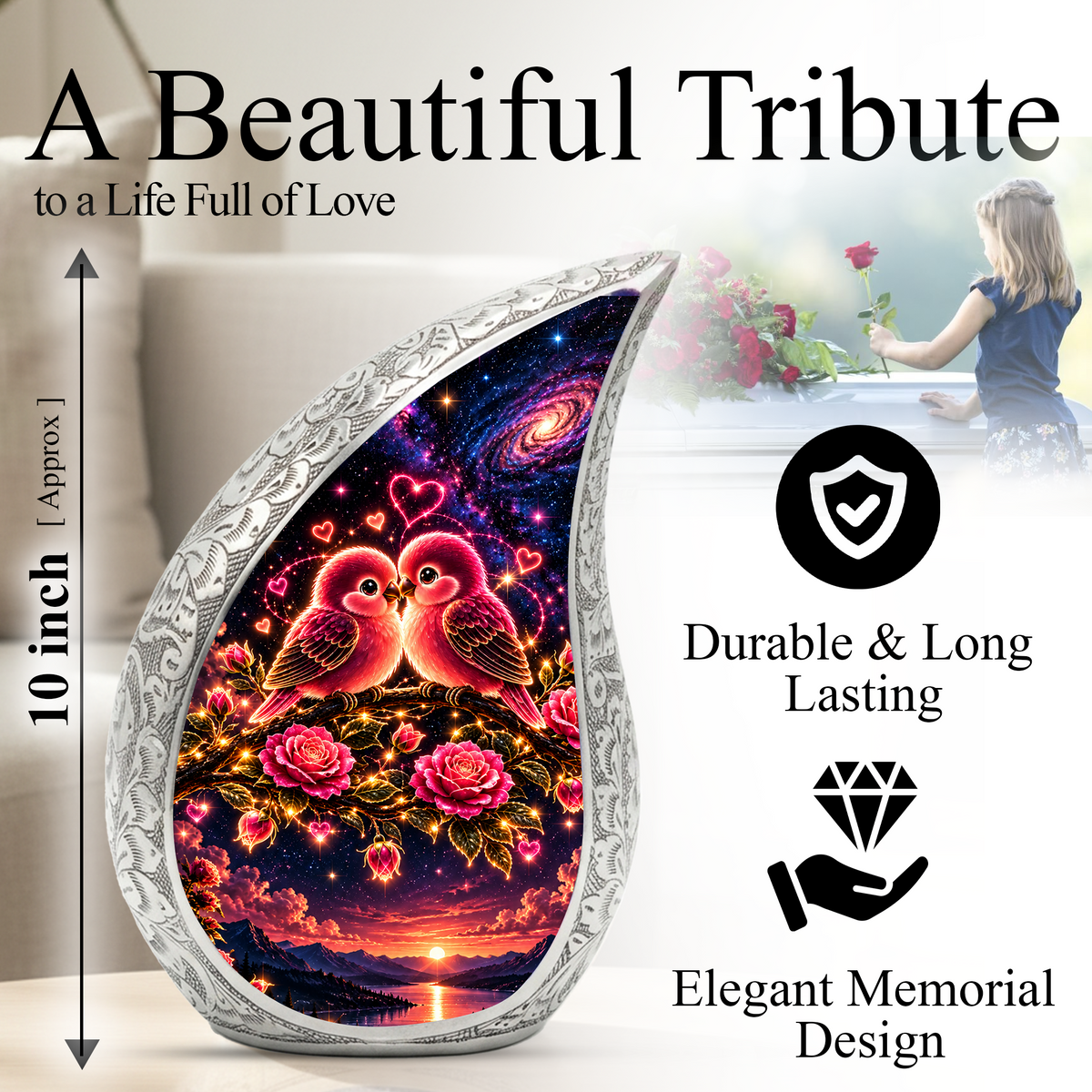 Love Birds Urn for Ashes, Romantic Bird Aluminum Cremation Urn