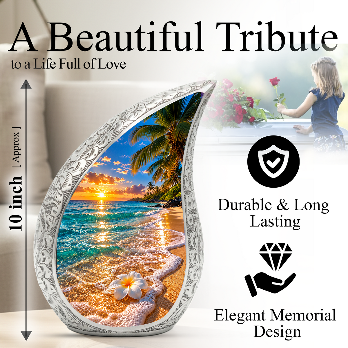 Beach Cremation Urn for Ashes, Tropical Ocean Memorial Urn, Sunset Beach Adult Urn, Personalized Coastal Cremation Urn