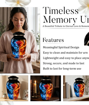 Red Rose Cremation Urn for Adult Ashes – Blue and Orange Flame Memorial Urn